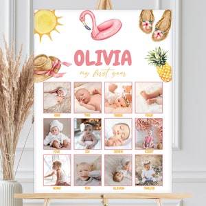 Photo Milestone Sign, 12 Months Poster, Year In Photos | ONE In The Sun, Beach Pool Party, Tropical Summer | Girls 1st Birthday Decor OBP