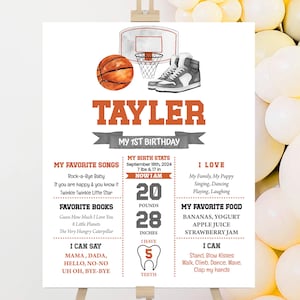 Birthday Milestone Sign, Poster | Basketball, Hoops, Let&#39;s Have a Ball Game Time | Printable Boy 1st Birthday Party Decor Ideas Keepsake HO1