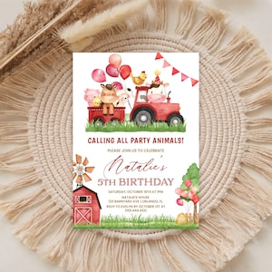 Puede incluir: Una tarjeta de invitación de cumpleaños rectangular con ilustraciones en acuarela de un tractor rojo, animales de granja, globos y un granero. El texto dice: CALLING ALL PARTY ANIMALS! PLEASE JOIN US TO CELEBRATE Natalie's 5TH BIRTHDAY SATURDAY, OCTOBER 18TH AT 1PM.