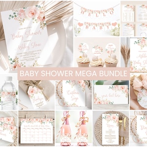 Babypartyeinladung BUNDLE Druckbare Babyparty einladen Blush Blumen-Baby-Dusche-Party-Dekor-Duschspiele Set Pack bearbeitbare Vorlage