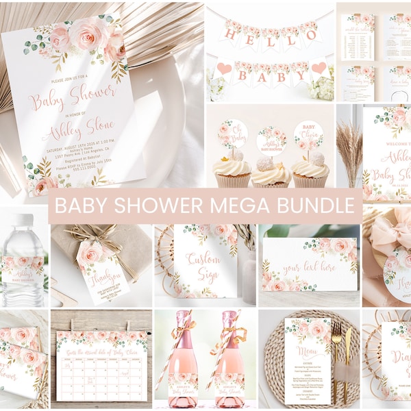 Baby Shower Invitation BUNDLE Printable Baby Shower Invite Blush Floral Baby Girl Shower Party Decor Shower Games Set Pack Editable Template