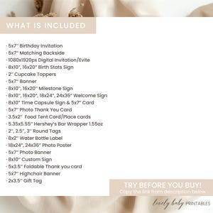 May include: A list of printable items for a baby shower or birthday party, including invitations, signs, banners, and tags. The text includes sizes such as 5x7 inches, 8x10 inches, and 18x24 inches. The phrase "WHAT IS INCLUDED" is at the top.