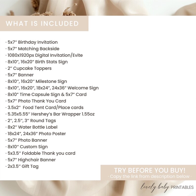 May include: A list of printable items for a baby shower or birthday party, including invitations, signs, banners, and tags. The text includes sizes such as 5x7 inches, 8x10 inches, and 18x24 inches. The phrase "WHAT IS INCLUDED" is at the top.