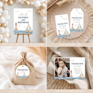 May include: A nautical-themed birthday stationery set featuring a welcome sign, favor tags, and a photo thank you card. Each item displays a lighthouse, a sailboat, and seagulls on blue waves with text including Oliver's 1st Birthday and Thank You.