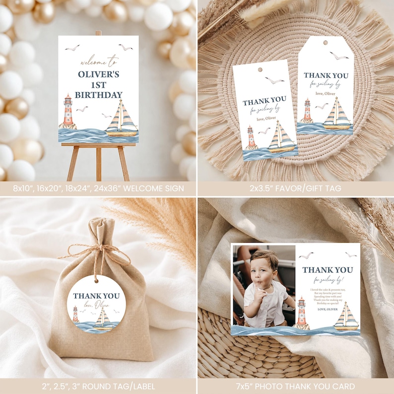 May include: A nautical-themed birthday stationery set featuring a welcome sign, favor tags, and a photo thank you card. Each item displays a lighthouse, a sailboat, and seagulls on blue waves with text including Oliver's 1st Birthday and Thank You.