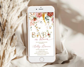 Wildflower Baby Shower Digital Invitation – Baby in Bloom Floral Girl Evite, Editable Phone Invite BI2