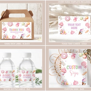 May include: Printable party favor labels featuring a pink, white, and pastel rainbow color scheme with a donut, cupcake, ice cream cone, and macaron. The labels are designed for gable boxes, water bottles, food tent cards, and a custom sign. The text on the labels reads "Thank You for Celebrating with Me", "Your Text Here", "Olivia's 5th Birthday", and "Custom Sign".