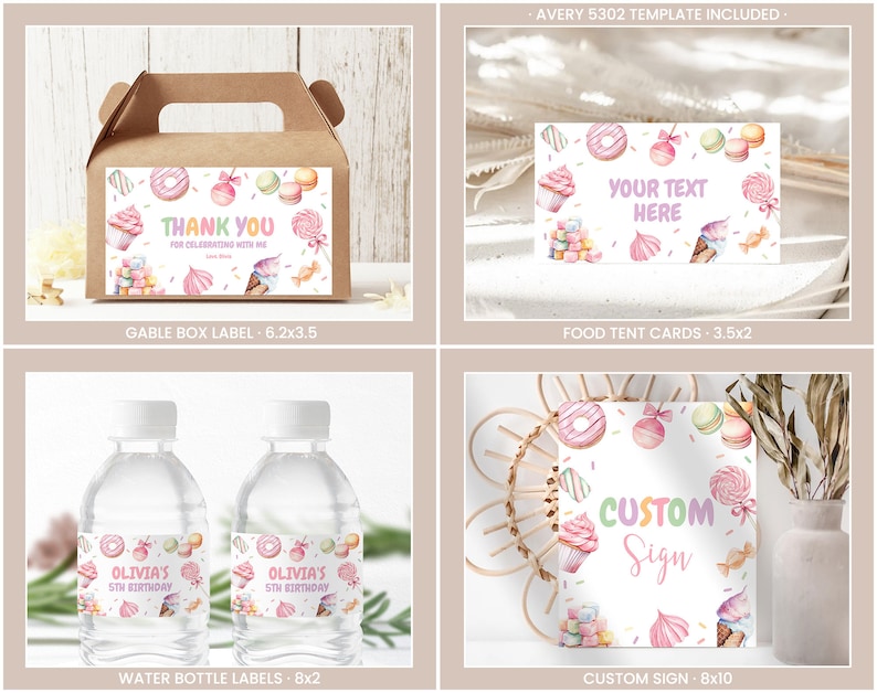 May include: Printable party favor labels featuring a pink, white, and pastel rainbow color scheme with a donut, cupcake, ice cream cone, and macaron. The labels are designed for gable boxes, water bottles, food tent cards, and a custom sign. The text on the labels reads "Thank You for Celebrating with Me", "Your Text Here", "Olivia's 5th Birthday", and "Custom Sign".