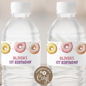 Editable Water Bottle Labels | Donut, Sweet ONE, Pink Doughnut | Printable Girl 1st Birthday Party Decoration Ideas, Custom Bottle Label DWM