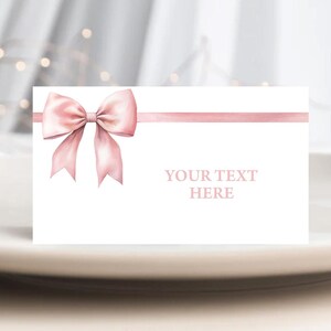 Cartes de présentation pour restaurant, cartes de visite imprimables, marque-places, étiquettes pour aliments | Nœud coquette rose, ruban rose pâle | Décoration de fête d'anniversaire pour filles PB3