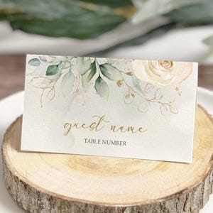 Cartes pour lieu de mariage, cartes de visite, cartes pour restaurant tente | Fleurs blanches, or de verdure, botanique, roses crème ivoire | Idées de décoration de réception à imprimer FL1