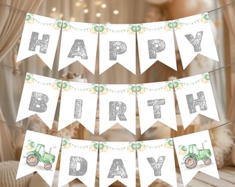 May include: A white banner with the words "HAPPY BIRTHDAY" in gray, glittery letters. The banner is decorated with green and yellow balloons and a green tractor illustration. Perfect for a birthday party.