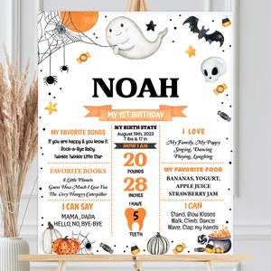Baby Meilenstein Zeichen, Poster | Spooky, Halloween, süßer Geist | Druckbare Jungen 1. Geburtstag Party Dekoration, Andenken, bearbeitbare Vorlage SP1