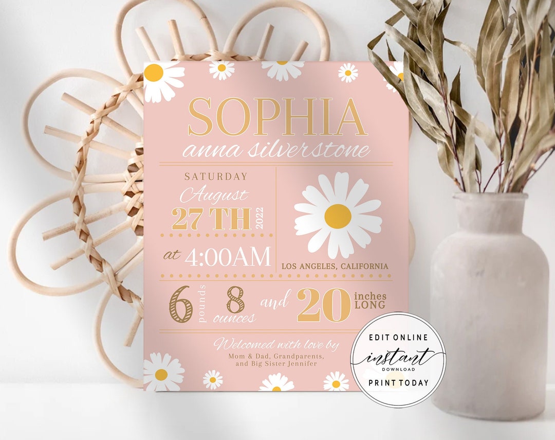 Pinkstats Signage Baby Girl Birth Stats Sign Announcement - Pink Daisy Boho Nursery Wall ...