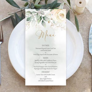 Plantilla de menú de boda / Flores blancas, vegetación dorada, botánica, rosas color crema marfil / Menú de cena de boda imprimible DIY, decoración de recepción FL1