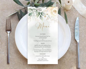 Modèle de menu de mariage | Fleurs blanches, or de verdure, botanique, roses crème ivoire | Menu imprimable DIY pour dîner de mariage, décoration de réception FL1