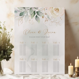 Sitzplan, Poster | Weiß Floral, Grün Gold, Botanische, Elfenbein Creme Rosen | Druckbare Sitzplan, Sitzplan FL1