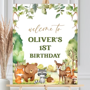Geburtstag Willkommensschild, Poster | Wald, Waldtiere, Wild ONE | Druckbare Jungen Erster Geburtstag Party Dekor Ideen, Bearbeitbare Vorlage WDL