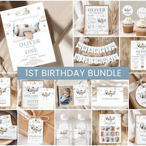 Airplane Birthday Bundle, Invite | Pilot, Time Flies, Vintage Fighter Plane | Printable Boys 1st Birthday Party Decoration Ideas, Signs AP1
