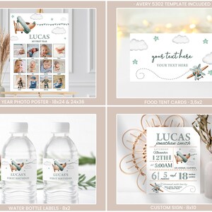 May include: A set of printable party decorations for a first birthday party with a blue and green airplane theme. The set includes a photo poster, food tent cards, water bottle labels, and a custom sign. The poster features a collage of photos of a baby boy. The food tent cards have a blue airplane with white clouds and stars. The water bottle labels have a blue airplane with white clouds and the text "Lucas's First Birthday". The custom sign has a blue airplane with white clouds and the text "Lucas Jonathan Smith" and the date and time of the party.