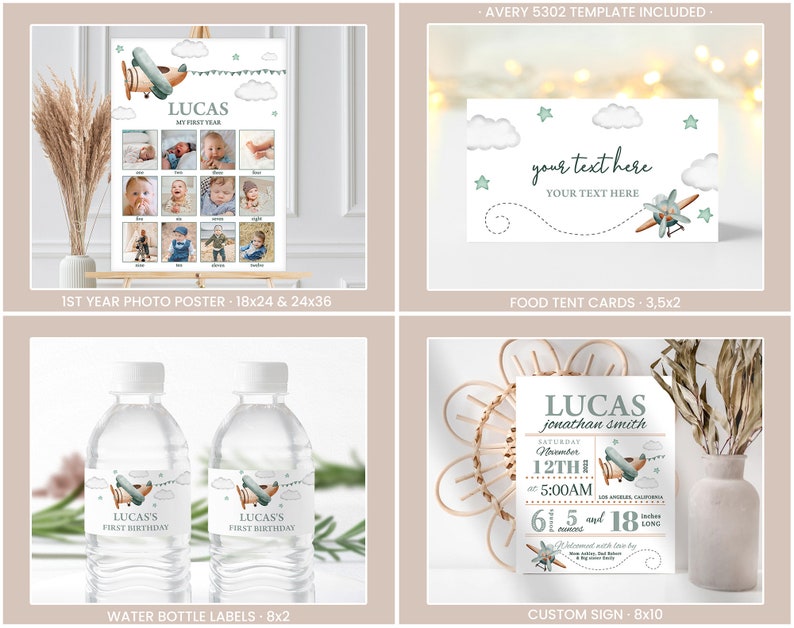May include: A set of printable party decorations for a first birthday party with a blue and green airplane theme. The set includes a photo poster, food tent cards, water bottle labels, and a custom sign. The poster features a collage of photos of a baby boy. The food tent cards have a blue airplane with white clouds and stars. The water bottle labels have a blue airplane with white clouds and the text "Lucas's First Birthday". The custom sign has a blue airplane with white clouds and the text "Lucas Jonathan Smith" and the date and time of the party.