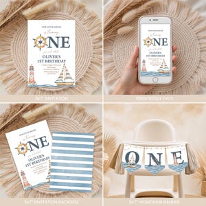 May include: A nautical-themed birthday set featuring a 5x7 inch invitation, a 1080x1920 pixel evite, and a highchair banner. The designs include a ship wheel, a sailboat, and a lighthouse with the text Our Little Sailor is turning ONE.