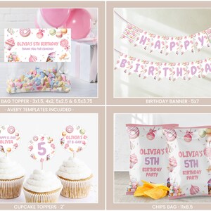 May include: A set of printable party decorations for a 5th birthday party with a pastel pink, blue, and white color scheme. The set includes a banner, cupcake toppers, treat bag toppers, and chip bag toppers. The decorations feature a donut, ice cream cone, and macaron theme.