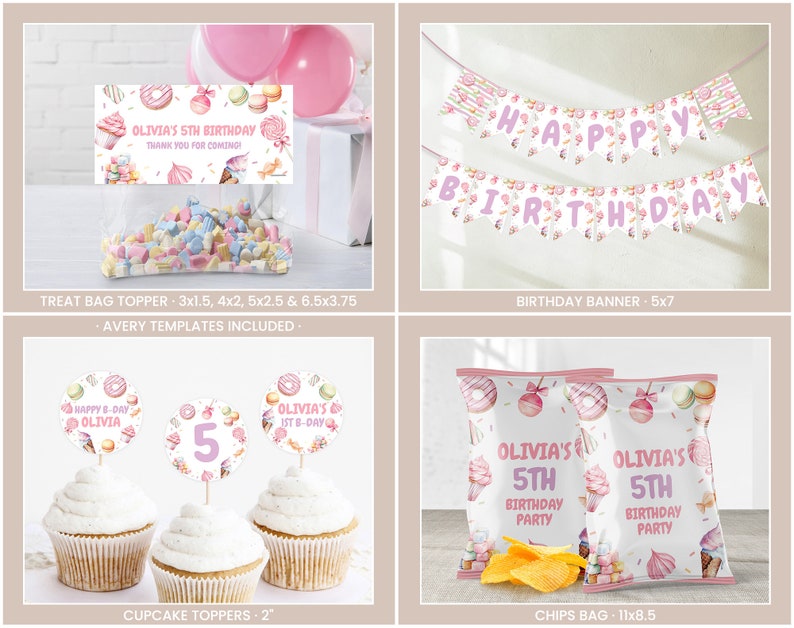 May include: A set of printable party decorations for a 5th birthday party with a pastel pink, blue, and white color scheme. The set includes a banner, cupcake toppers, treat bag toppers, and chip bag toppers. The decorations feature a donut, ice cream cone, and macaron theme.