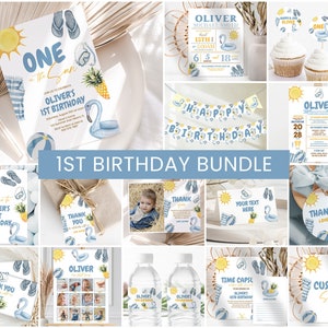 Peut inclure: Un lot de fête d'anniversaire imprimable sur le thème de l'été pour un 1er anniversaire. Le lot comprend des invitations, des cartes de remerciement, une bannière, une pancarte, des étiquettes pour bouteilles d'eau, un collage de photos et des décorations pour cupcakes. Le design présente un soleil jaune, des tongs bleues, un flamant rose et un ananas.