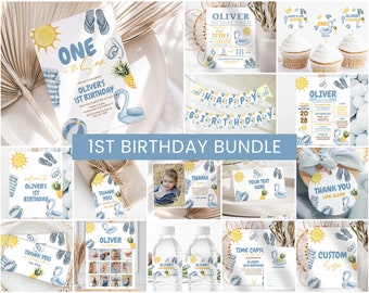 May include: A printable 1st birthday party bundle with a summer theme. The bundle includes invitations, thank you cards, a banner, a sign, water bottle labels, a photo collage, and cupcake toppers. The design features a yellow sun, blue flip flops, a flamingo, and a pineapple.