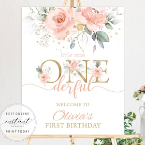 Birthday Welcome Sign Template Printable Welcome Poster Editable Welcome Sign Blush Pink Floral Boho Little Miss Onederful Party Decor NW1
