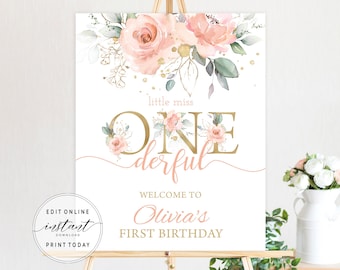 Birthday Welcome Sign Template Printable Welcome Poster Editable Welcome Sign Blush Pink Floral Boho Little Miss Onederful Party Decor NW1
