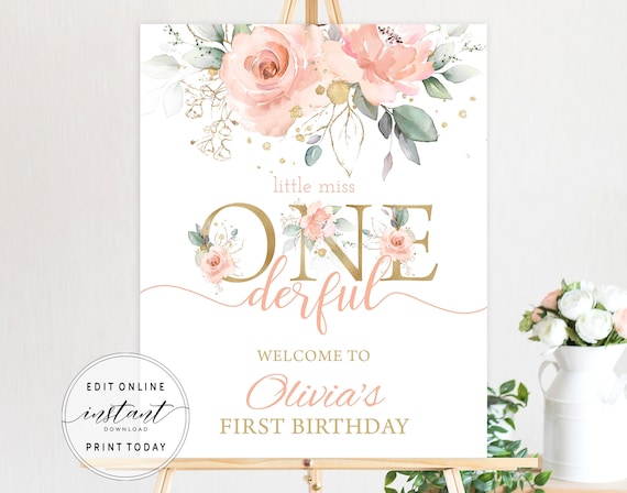 Birthday Welcome Sign Template Printable Welcome Poster Editable Welcome Sign Blush Pink Floral Boho Little Miss Onederful Party Decor NW1