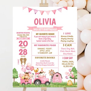 Segno di pietra miliare del bambino, poster/fattoria, animali da fienile, cortile, ranch/decorazione per la prima festa di compleanno di ragazze stampabili, modello modificabile ricordo FA1