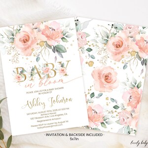 May include: A pink and gold baby shower invitation with floral designs and the text "Baby in Bloom" and "Ashley Johnson".
