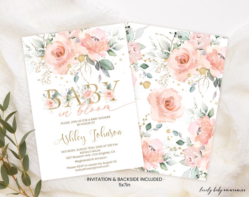 May include: A pink and gold baby shower invitation with floral designs and the text "Baby in Bloom" and "Ashley Johnson".