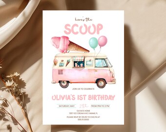 Ice Cream Birthday Invitation, Invite | Ice Cream Truck, Here's The Scoop, Retro, Summer | Printable Girls 1st Birthday Party Invitation IC2