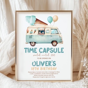 Placa de cápsula do tempo de aniversário, cartão | Caminhão de sorvete, aqui está a colher, retrô | Decoração de festa de 1º aniversário para meninos para impressão, jogos, lembranças IC3