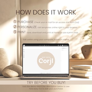 May include: A laptop screen displaying the Corjl editing interface with a beige circular logo. Text above reads: HOW DOES IT WORK, 1 PURCHASE, 2 PERSONALIZE, 3 PRINT. Below the screen, text reads: TRY BEFORE YOU BUY! Visit the demo link below.