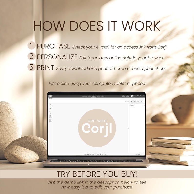May include: A laptop screen displaying the Corjl editing interface with a beige circular logo. Text above reads: HOW DOES IT WORK, 1 PURCHASE, 2 PERSONALIZE, 3 PRINT. Below the screen, text reads: TRY BEFORE YOU BUY! Visit the demo link below.