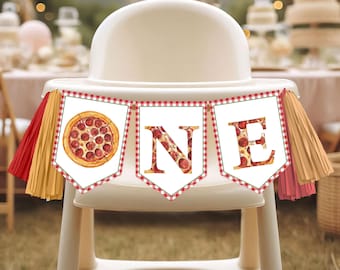 May include: A festive banner reading "ONE" with pizza-themed letters and a pizza graphic, strung across a high chair. The banner is decorated with red, yellow, and pink tassels, perfect for a first birthday celebration.