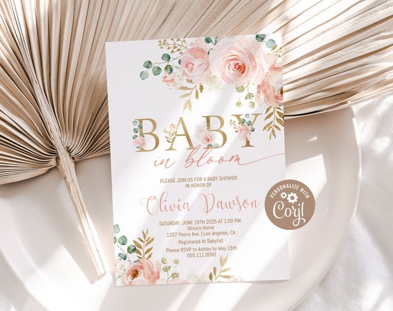 Blush Floral Baby In Bloom Invitation Printable Spring Baby Shower Invite Girl Baby Shower Party Invite Editable Digital Download Pink Gold