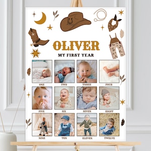 Photo Milestone Sign, 12 Months Photo Poster Year In Photos | My First Rodeo, Cowboy Wild West | Printable Boys 1st Birthday Party Decor MFR