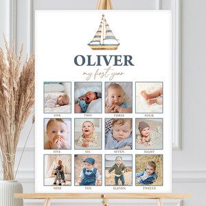 Cartel fotográfico de hito, póster fotográfico de 12 meses, año en fotos / Náutico, velero, Nuestro pequeño marinero / Decoración imprimible para el primer cumpleaños de niños NAU