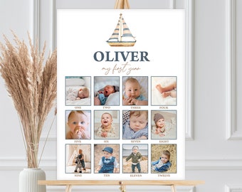 Cartello fotografico per traguardo, poster fotografico per 12 mesi, anno in foto / Nautico, Barca a vela, Il nostro piccolo marinaio / Decorazione stampabile per il primo compleanno dei bambini NAU