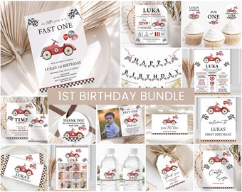 Paquete de invitaciones de cumpleaños con temática de autos de carreras, invitación para fiesta de cumpleaños infantil "Fast ONE", decoraciones/imprimible editable (descarga instantánea)