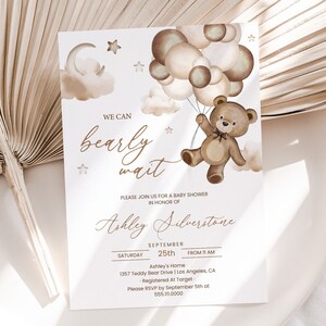 Teddy Bear Baby Shower Invitation, Invite | Bear Balloons, We Can Bearly Wait | Printable Baby Shower Party Invitation Template, Neutral NTB