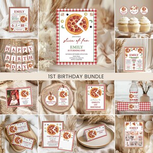 May include: A collection of party supplies with a pizza theme. Includes invitations, cupcake toppers, thank you cards, and a banner. The text includes "Happy Birthday" and "Emily is turning one."