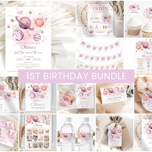 Outer Space Birthday Bundle, Girls 1st Birthday Invite | Space, First Trip Around The Sun | Printable Girls Birthday Party Decorations Ideas