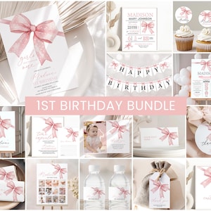 Pink Bow Birthday Bundle, Girls Birthday Invite | Girls Just Wanna Be ONE, Coquette Bow | Printable Girls 1st Birthday Party Decor Ideas PB1